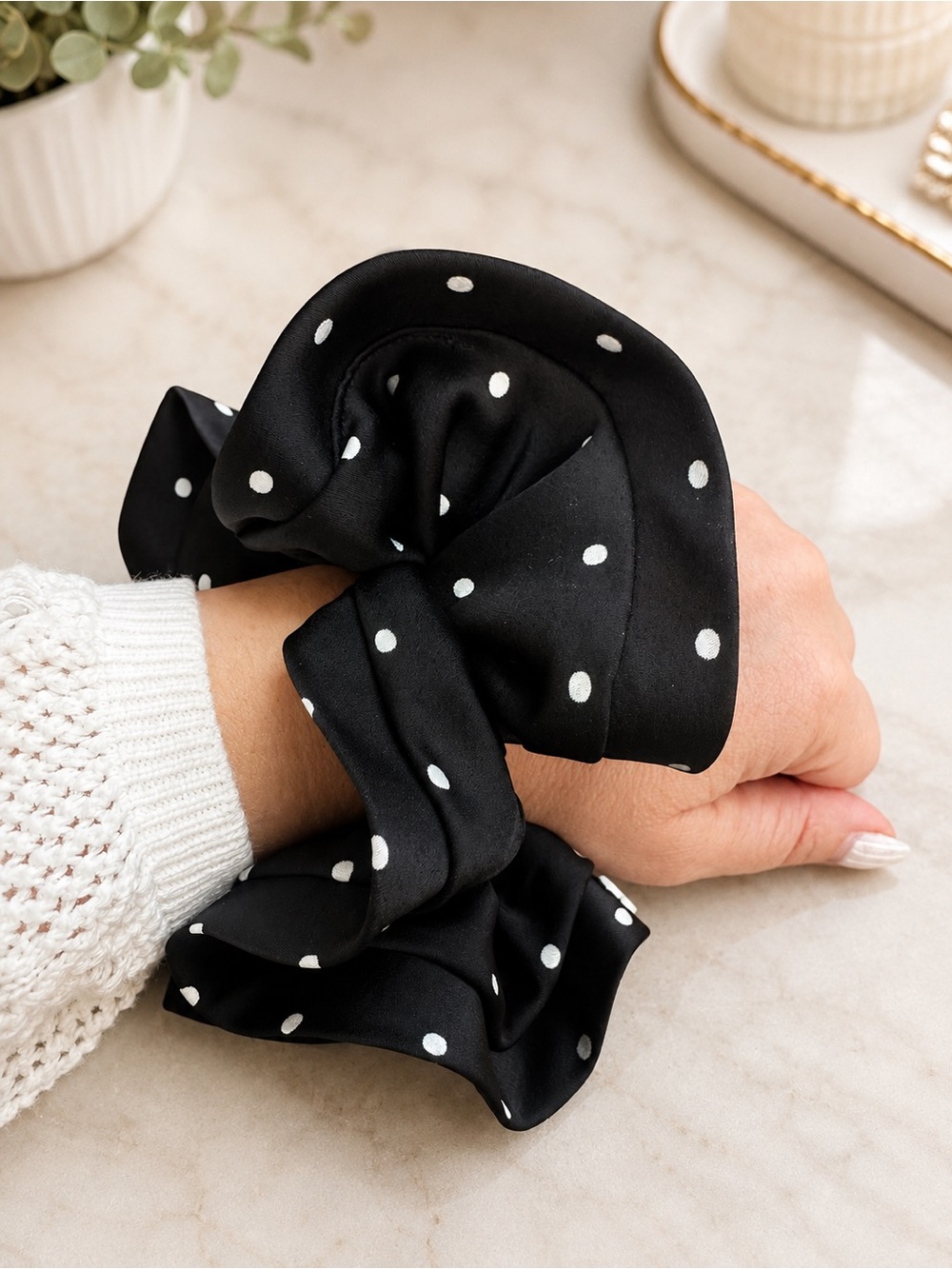 CC Black and White Polka Dot Bow Hair Scrunchie - Picture 3 of 3